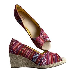 Sonoma Life Style Womens 8.5 M Jenne Red Stripe Aztec Peep Toe Espadrille Wedges